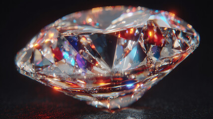 A brilliant, round-cut diamond exhibits stunning multi-colored refractions against a deep black background, highlighting its exquisite facets and sparkling allure.