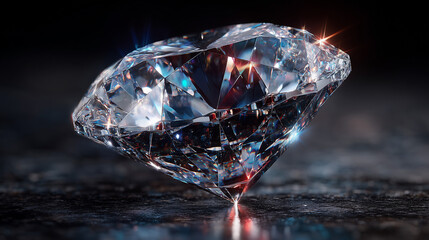 A magnificent, expertly cut diamond hovers above a dark surface, emitting vibrant blue and red starburst reflections from its facets, creating an ethereal and captivating glow.