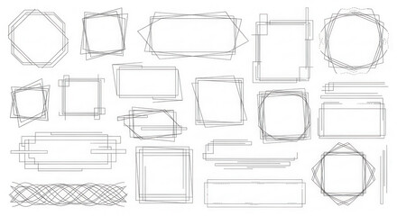 Obraz premium Set of abstract minimalist geometric frames and thin black line borders in various shapes including squares rectangles and octagons on a clean white background