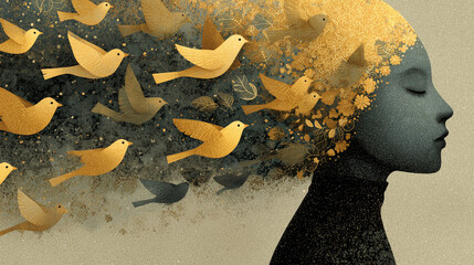 A serene profile of a woman with closed eyes, depicted in dark tones, from whose head golden birds and particles emerge and fly into the air.