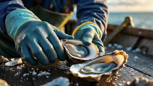 Oyster shucking on a boat near the shore at sunset with a fisherman preparing fresh oysters