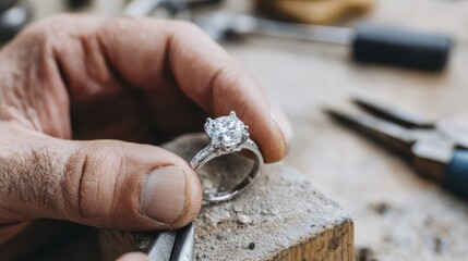 Artisan crafting diamond engagement ring on workbench with precision tools