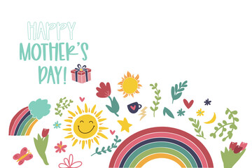 Fototapeta premium Cute Mother’s Day illustration with rainbow, smiling sun, flowers, and hand-drawn decorative elements. Flat cartoon vector design for greeting cards, posters, and festive prints.