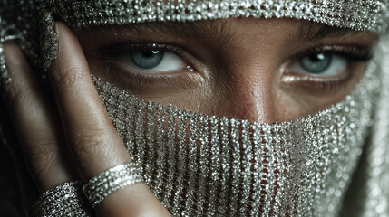 A striking close-up of a woman with piercing blue eyes, peeking through a delicate, sparkling silver jeweled veil, adorned with rings.