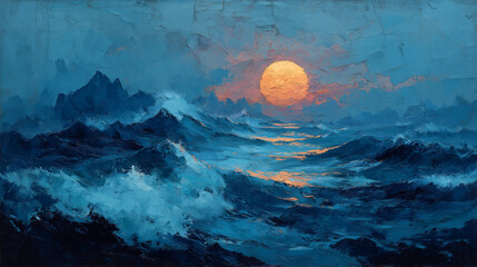 An impressionistic oil painting depicts a dramatic rough ocean with powerful waves under a large, vibrant orange full moon or sun setting over the horizon.