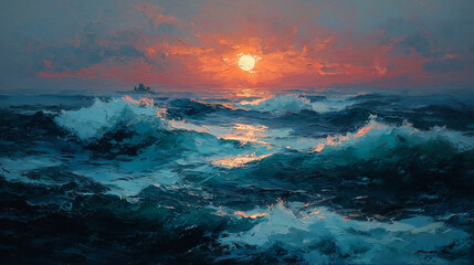 A vivid textured oil painting depicts an intense ocean scene with powerful blue waves churning beneath a fiery orange sunset, reflecting warmly on the tumultuous water.