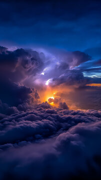 AI generator images of thunderstorm features violent lightning strikes within a large cumulonimbus cloud, creating a bright, orange-gold light that contrasts sharply with the deep blue of the cloud. 