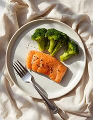 Salmon and broccoli healthy lunch flat lay