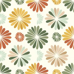 Seamless Mid-Century Daisy Burst Pattern, Vintage Floral Wallpaper in Muted Earthy Colors