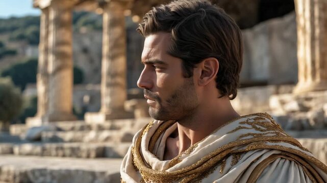 Actor performs on set in ancient ruins with a classic outfit during a film shoot in Greece at sunset