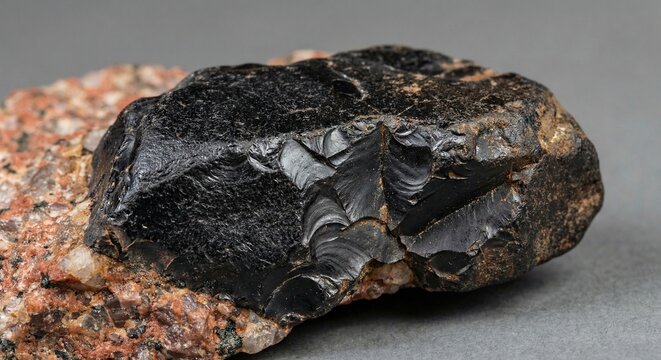 Black radioactive Samarskite-(Y) rare earth mineral ore with conchoidal fracture on red granite matrix