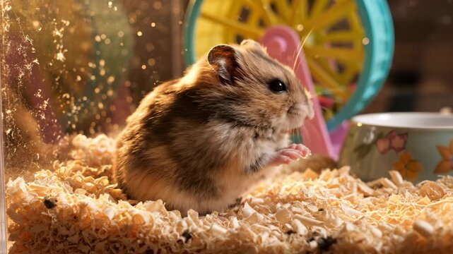 Cute hamster grooms face in cage with wood shavings. Small pet washes paws near wheel. Fluffy hamster sits in warm light. Rodent moves on wood in cage. Adorable pet hamster in cozy home habitat.