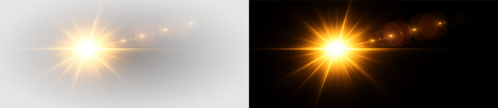 Bright golden light flare with radiant starburst rays and glowing lens effect abstract vector illustration on transparent background