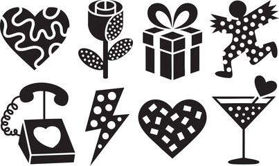 Valentine symbols heart rose gift box person phone lightning bolt and cocktail