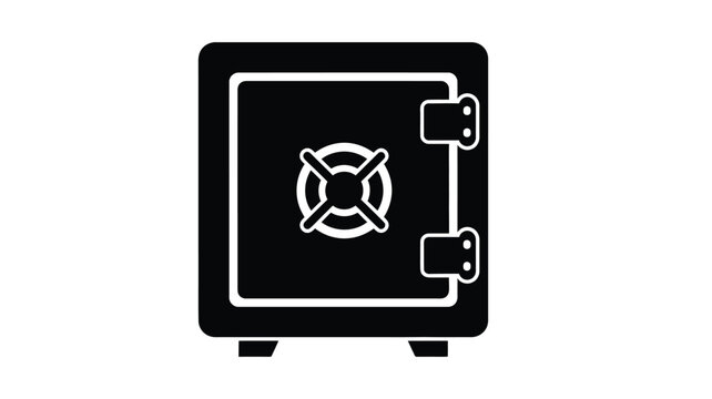 a simple black and white illustration of a closed metal safe silhouette