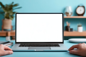 Fototapeta premium Modern Laptop with Blank White Screen on a Desk. Mockup