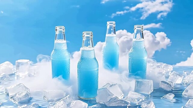 BlueLiquidBottlesonIceUnderBlueSky