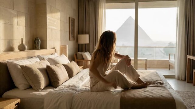 A young woman wakes up in a bright hotel room and sits up on the bed, looking through a panoramic window at the Great Pyramid of Giza in the morning sun