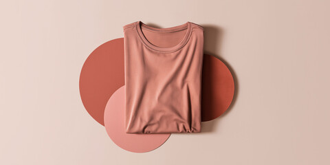 Folded terracotta t-shirt on colored circles background
