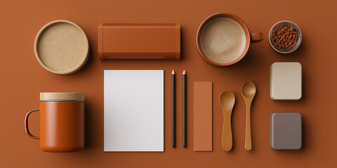 Flat lay of brown kitchen accessories and stationery on brown background
