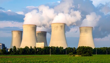 Nuclear power plant cooling towers emitting steam.