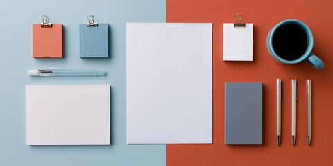 Office supplies and coffee cup on split color background