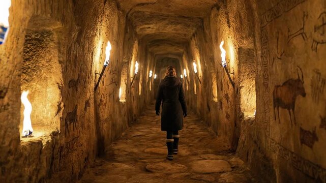 A woman in a dark coat walks deep into a narrow stone corridor with walls decorated with ancient rock paintings and illuminated by burning torches