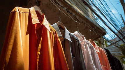 Colorful shirts hanging on outdoor clothesline