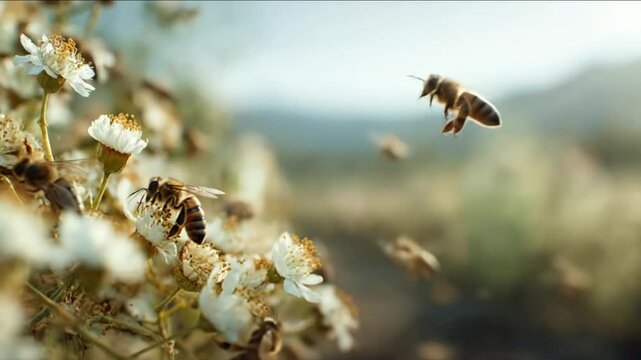 Graceful honeybees busily pollinating delicate white flowers in a sun-drenched meadow, highlighting nature's vital ecological dance
