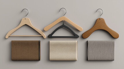 Set of stylish wooden hangers with folded fabric