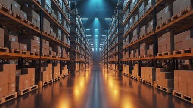 Rows of shelving units stocked with boxes and packages in a large industrial warehouse with bright overhead lighting