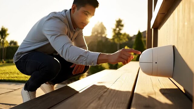 Man Interacts with Security Camera Outdoors in Bright Sunlight.
