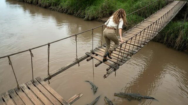 A woman in safari attire jumps across a gap in a broken wooden suspension bridge over a murky river filled with swimming crocodiles