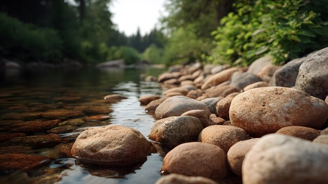 A close up of smooth river stones and clear water flowing along a lush forest shoreline
