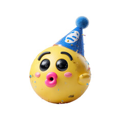 Cute Yellow Emoji Balloon Character Wearing Blue Party Hat Celebrating with Confetti