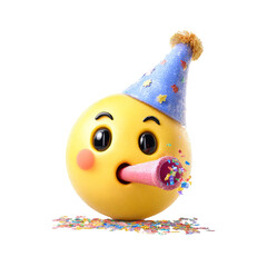 Cute Yellow Emoji Ball Wearing Party Hat Celebrating with Confetti and Party Blowout