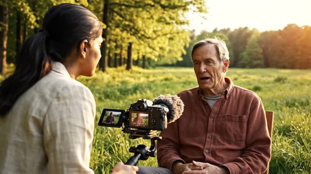 A woman films an older man in a sun-drenched field, outdoors, during a golden hour interview