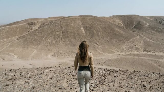 A woman in a beige jacket walks away from the camera toward massive ancient geoglyphs etched on a desert hillside under a clear sky