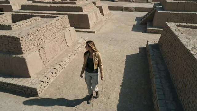 A woman in a beige jacket walks toward the camera through a complex of ancient mud-brick ziggurats and ruins in the desert