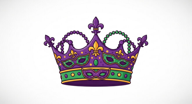 Vibrant purple green and gold mardi gras crown with fleur de lis beads and ornate jewels on white background