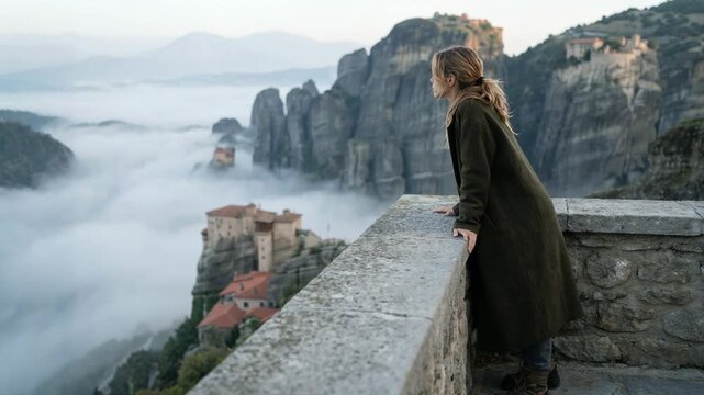 A young woman in a long coat stands on the edge of a stone terrace and looks at majestic cliffs with monasteries shrouded in thick white fog