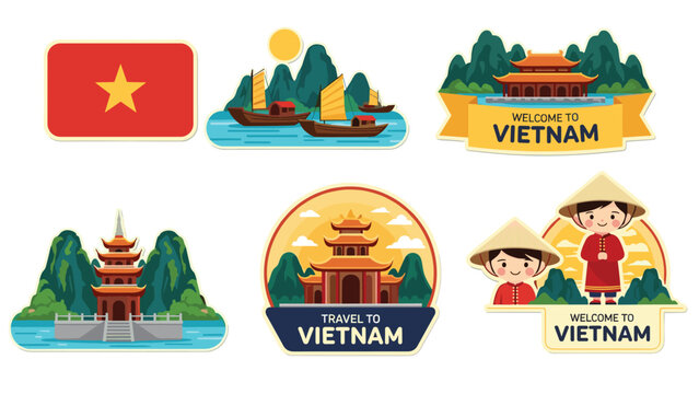 A collection of travel stickers and emblems for Vietnam, featuring the national flag, Halong Bay, temples, and people in traditional ao dai.