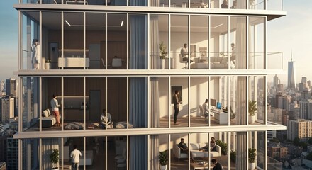Chic city living in a modern apartment complex with a sleek glass facade and skyline views.