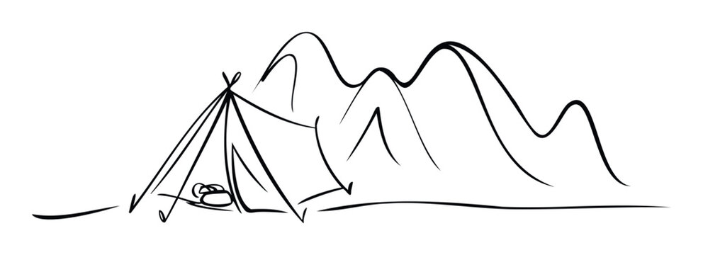Minimalist outline drawing of a camping tent pitched in a rugged mountain landscape, perfect for adventure travel blogs, outdoor activity promotions, and wilderness exploration content.