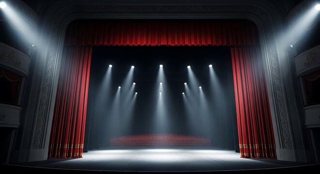 A grand theater stage with red curtains and spotlights shining bright every mounth
