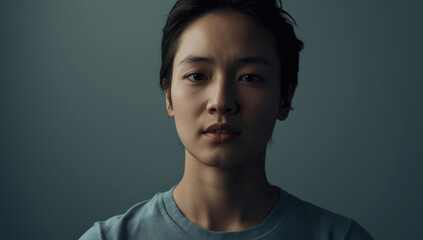 Fototapeta premium Contemplative young adult portrait, neutral lighting, muted background, calm expression
