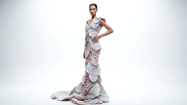 Elegant fashion model showcases a unique voluminous gown featuring intricate scale-like texture during a professional studio photoshoot presentation.