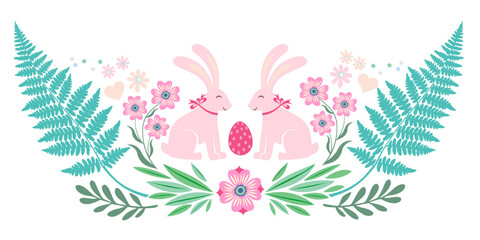 Happy Easter banner with cute pink bunny and spring flowers. Modern design. Spring template for seasonal greetings, web banner, advertisement. Vector illustration in flat style. Happy Easter