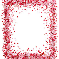 A square frame of pink and red hearts on a black background