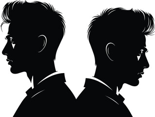 Male profile silhouette illustration, two men facing opposite directions, modern portrait design, black and white human heads isolated background © Bappi Creatives